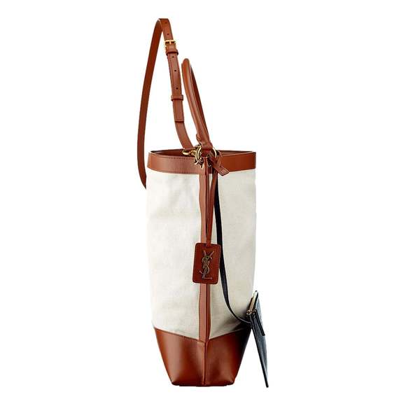 Saint Laurent Monogram Tag Canvas and Brown Leather Trim Hobo - Picture 4 of 9